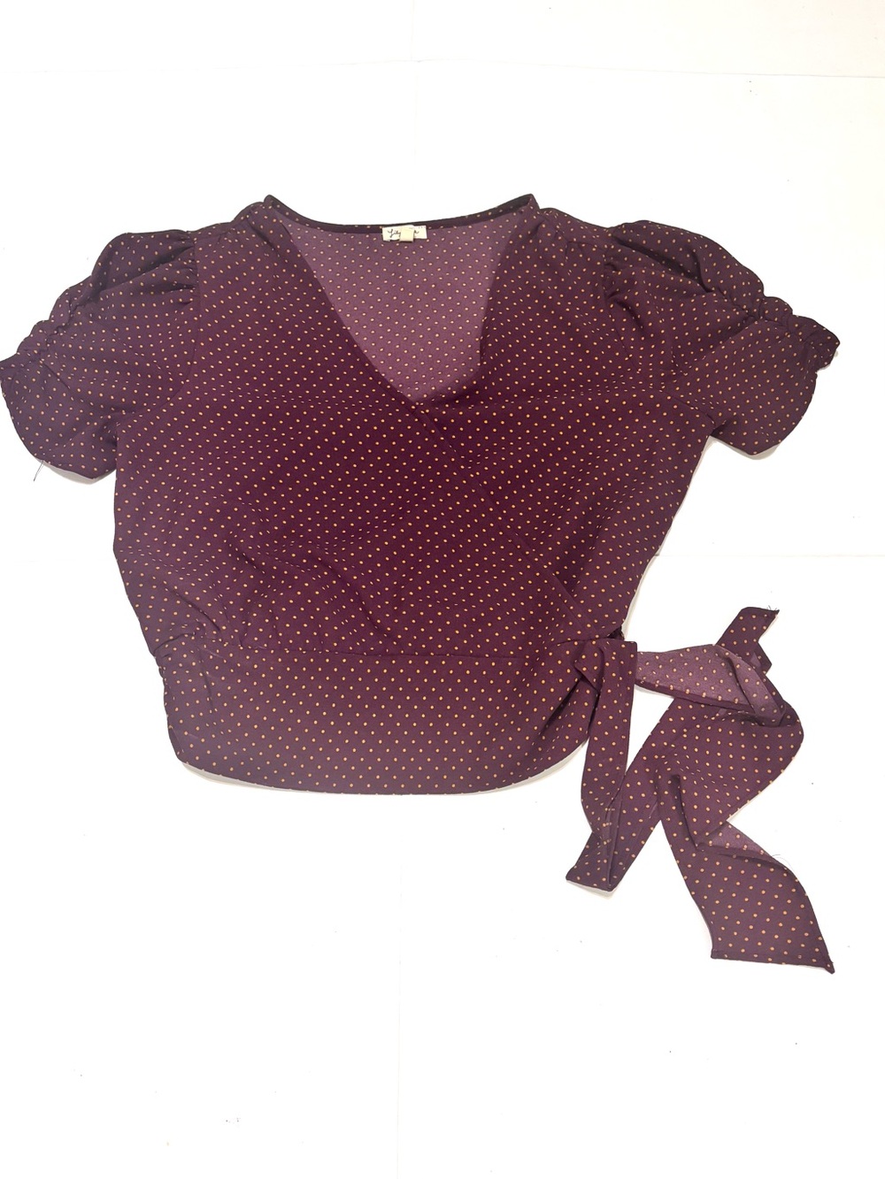 81. Lily White Burgundy Polka Dot Side-Tie Wrap Blouse